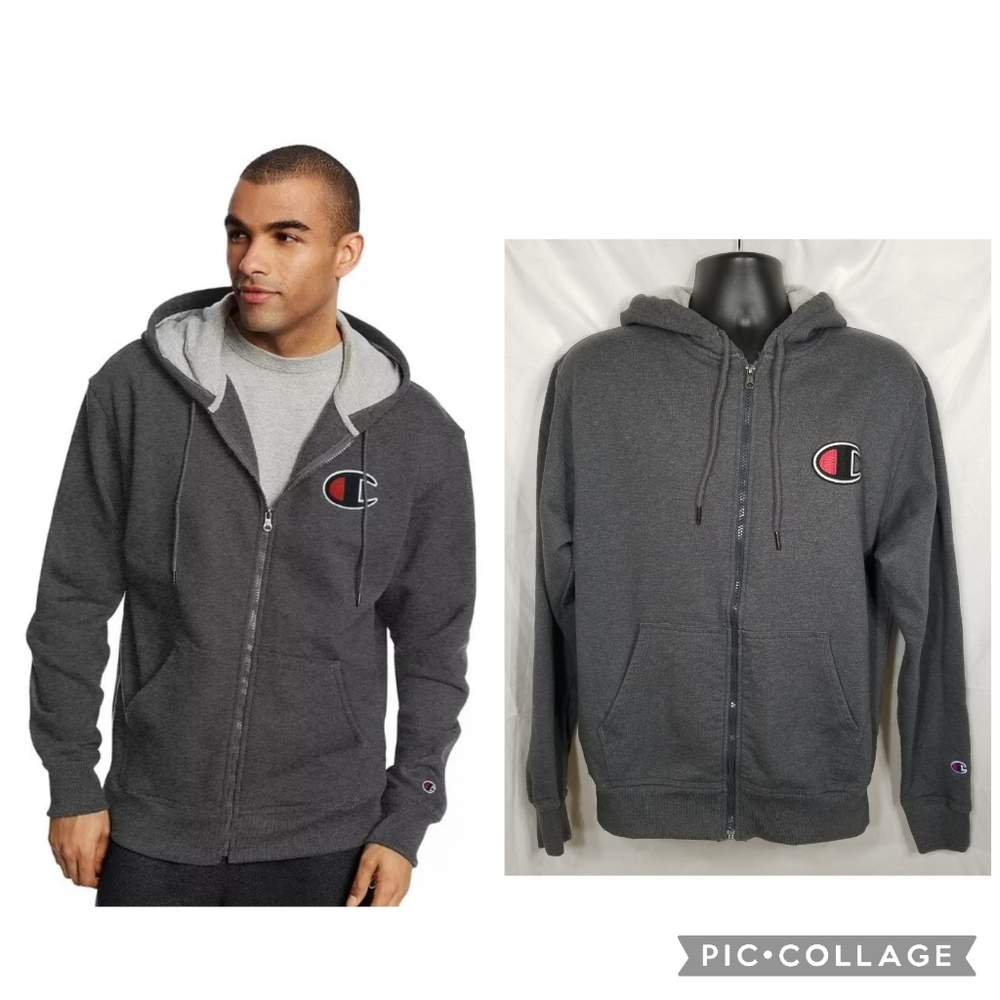 Men's Champion Powerblend Full-Zip Front Drawstring Hoodie Fleece Lined Gray M